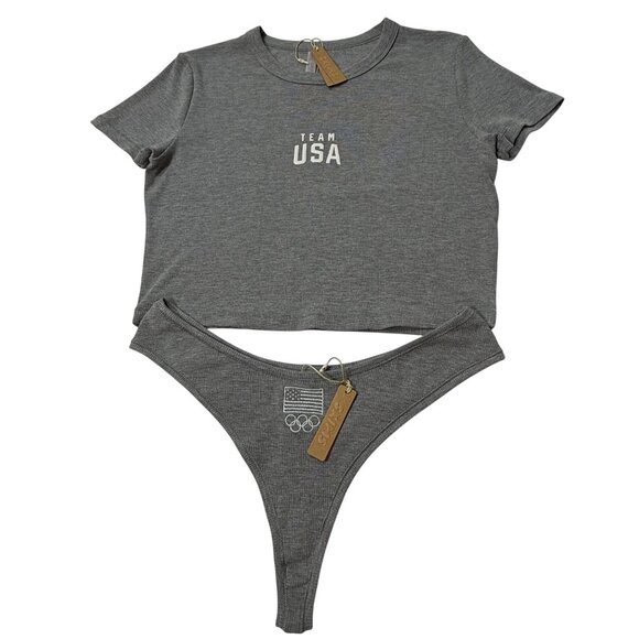 SKIMS Soft Lounge Rib Cropped T-Shirt + Dipped Thong Team USA Heather Gray L/XL - Picture 1 of 12
